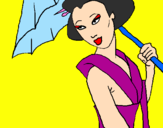 Disegno Geisha con parasole pitturato su maria