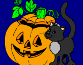 Disegno Zucca e gatto pitturato su zucca Halloween