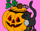 Disegno Zucca e gatto pitturato su rachele