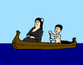 Disegno Madre e figlio in canoa  pitturato su GIOVANNI