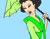 Disegno Geisha con parasole pitturato su giova
