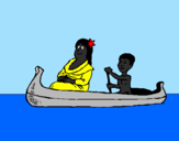Disegno Madre e figlio in canoa  pitturato su chiara