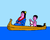 Disegno Madre e figlio in canoa  pitturato su TERRITORIO INDIANO