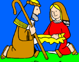 Disegno Adorano Gesù Bambino  pitturato su calogerino