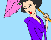 Disegno Geisha con parasole pitturato su federica