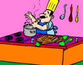 Disegno Cuoco in cucina  pitturato su desirée