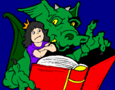 Disegno Drago, ragazza e libro pitturato su bibi