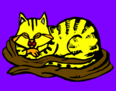 Disegno Gatto nel suo lettino  pitturato su martina