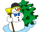 Disegno Pupazzo di neve e albero di Natale pitturato su carolina