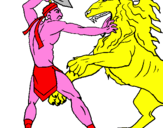 Disegno Gladiatore contro un leone pitturato su alberto