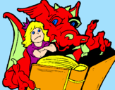 Disegno Drago, ragazza e libro pitturato su alicia
