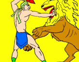 Disegno Gladiatore contro un leone pitturato su samuel
