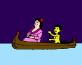 Disegno Madre e figlio in canoa  pitturato su diego