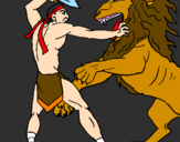Disegno Gladiatore contro un leone pitturato su io