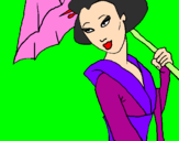 Disegno Geisha con parasole pitturato su carmen