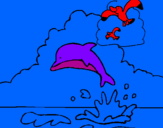 Disegno Delfino e gabbiano  pitturato su pooilllk,,bmkjbkjbbmbb, m