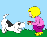 Disegno Bambina che gioca con il cagnolino  pitturato su gerla