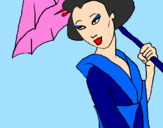Disegno Geisha con parasole pitturato su sara