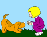 Disegno Bambina che gioca con il cagnolino  pitturato su tirannosauro