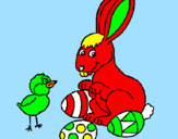 Disegno Pulcino, coniglietto e uova  pitturato su fede