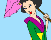 Disegno Geisha con parasole pitturato su Elison