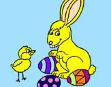 Disegno Pulcino, coniglietto e uova  pitturato su giulia