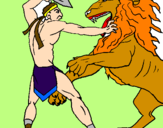 Disegno Gladiatore contro un leone pitturato su chiara