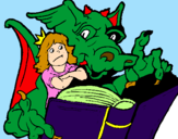 Disegno Drago, ragazza e libro pitturato su hassan