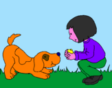 Disegno Bambina che gioca con il cagnolino  pitturato su shara