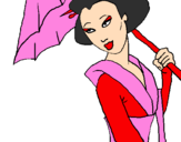 Disegno Geisha con parasole pitturato su Aida