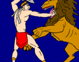 Disegno Gladiatore contro un leone pitturato su bruo
