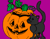 Disegno Zucca e gatto pitturato su simone