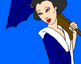 Disegno Geisha con parasole pitturato su renata