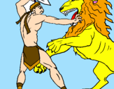 Disegno Gladiatore contro un leone pitturato su martina