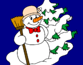 Disegno Pupazzo di neve e albero di Natale pitturato su lorenzo