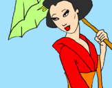 Disegno Geisha con parasole pitturato su chiara