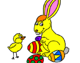 Disegno Pulcino, coniglietto e uova  pitturato su paolo