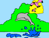 Disegno Delfino e gabbiano  pitturato su simone