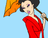 Disegno Geisha con parasole pitturato su fiorenza