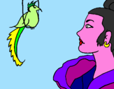 Disegno Donna con un uccello  pitturato su lucy