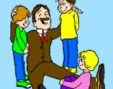 Disegno Papà con i suoi 3 figli  pitturato su chiara