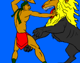 Disegno Gladiatore contro un leone pitturato su cecilia