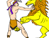 Disegno Gladiatore contro un leone pitturato su saverio