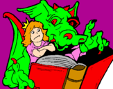 Disegno Drago, ragazza e libro pitturato su arianna 