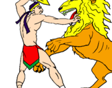 Disegno Gladiatore contro un leone pitturato su giacomo