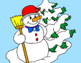 Disegno Pupazzo di neve e albero di Natale pitturato su giulia