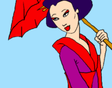 Disegno Geisha con parasole pitturato su giasmin