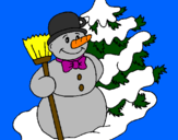 Disegno Pupazzo di neve e albero di Natale pitturato su titti