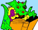 Disegno Drago, ragazza e libro pitturato su giulia