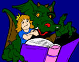 Disegno Drago, ragazza e libro pitturato su manuel